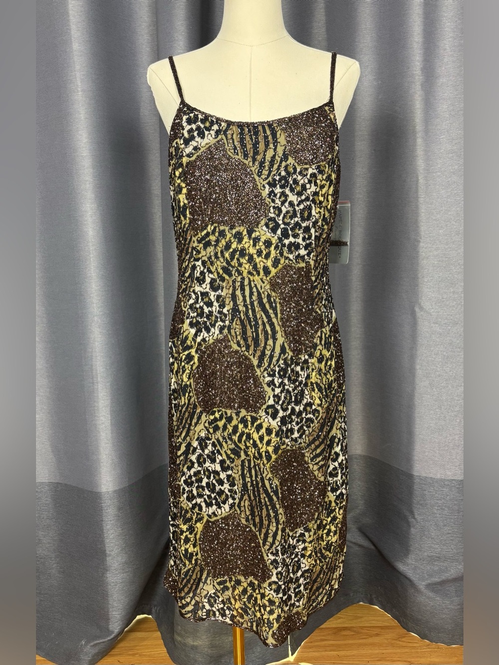 NWT Y2K Adrianna Papell Brown and Gold Animal Print Beaded Wiggle Slip Dress